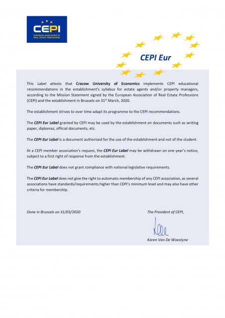 Certyfikat CEPI Eur przyznany dla programu specjalności Nieruchomości i Inwestycje