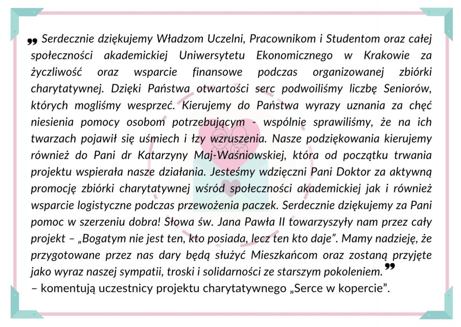 Podziękowania uczestników projektu charytatywnego „Serce w kopercie”