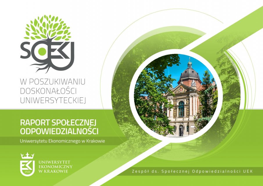 Okładka Raportu Społecznej Odpowiedzialności UEK pt. „W poszukiwaniu doskonałości uniwersyteckiej”