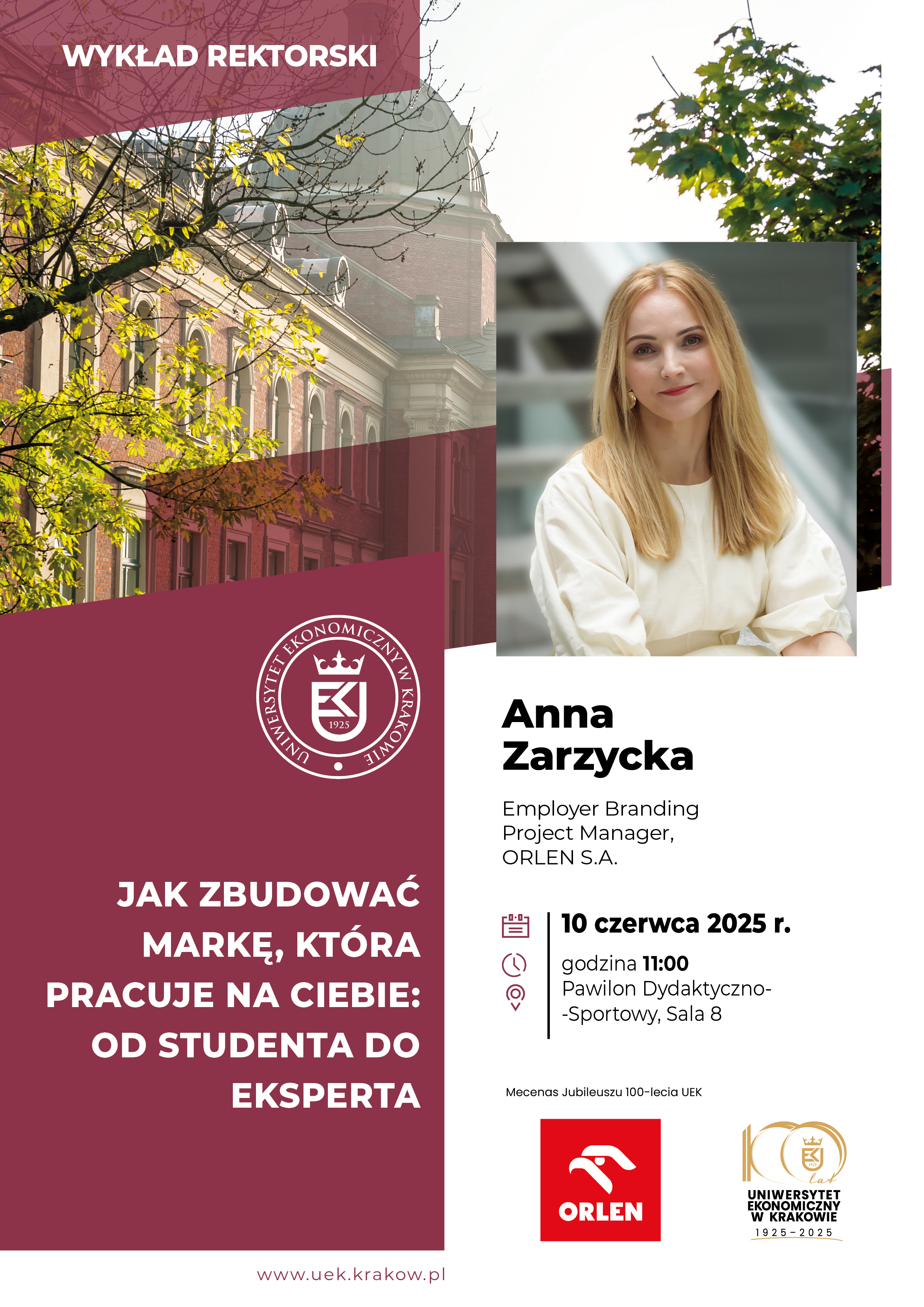 Grafika przedstawiająca plakat promujący Wykład Rektorski pt. „Jak zbudować markę, która pracuje na Ciebie: od studenta do eksperta”