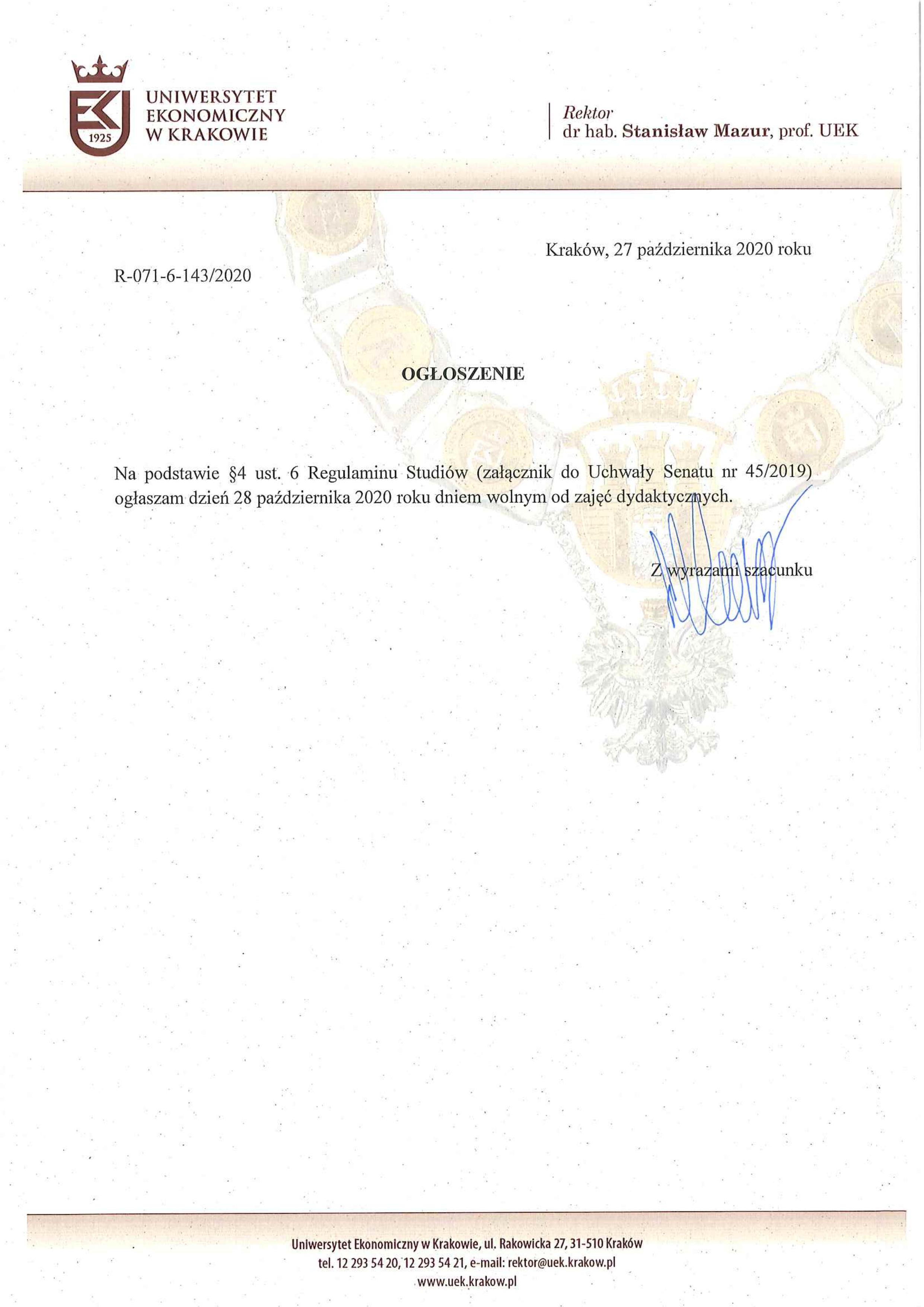 Ogłoszenie JM Rektora UEK