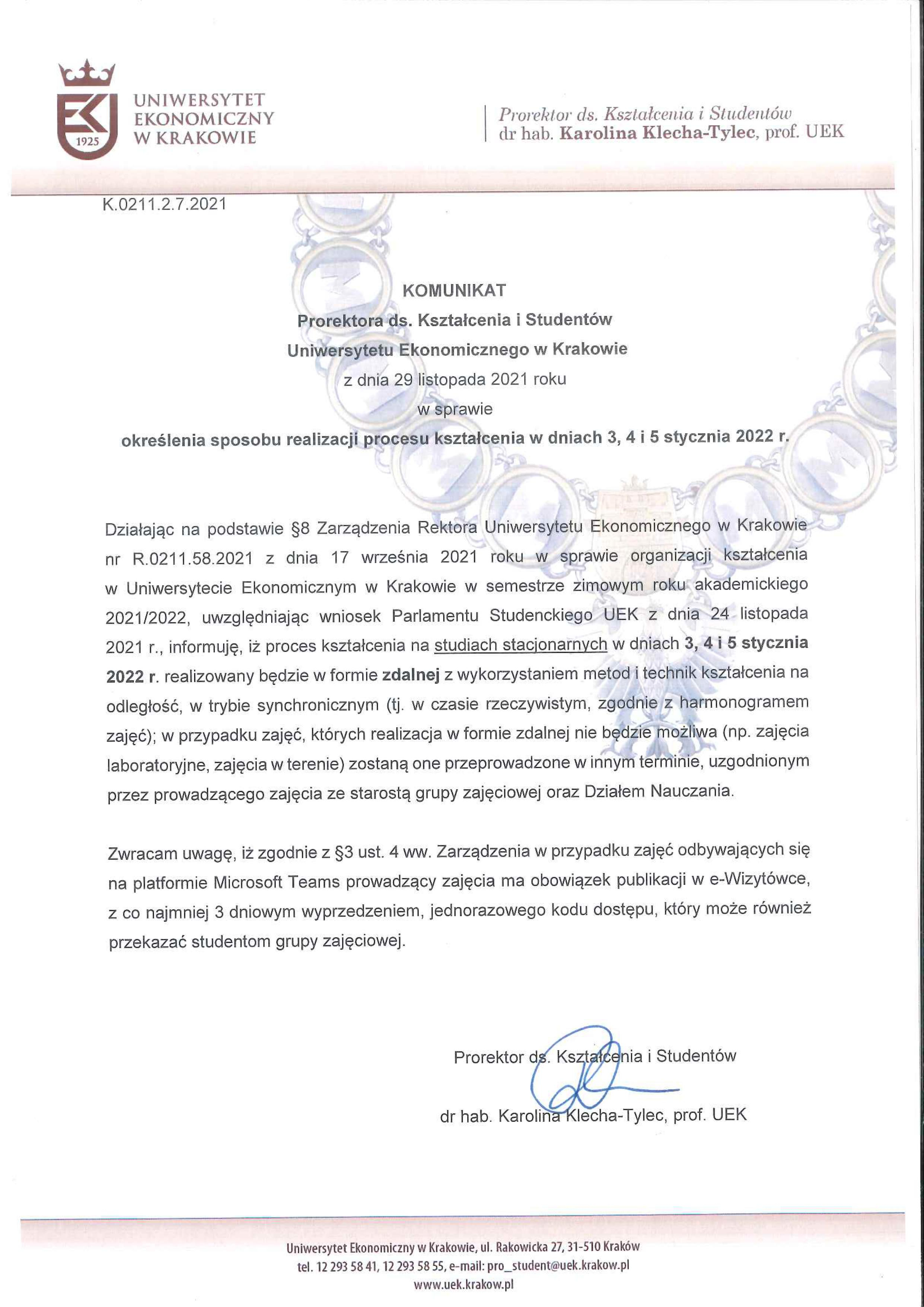 Komunikat Prorektora ds. Kształcenia i Studentów z dnia 29 listopada br. w sprawie określenia sposobu realizacji procesu kształcenia w dniach 3, 4 i 5 stycznia 2022r.