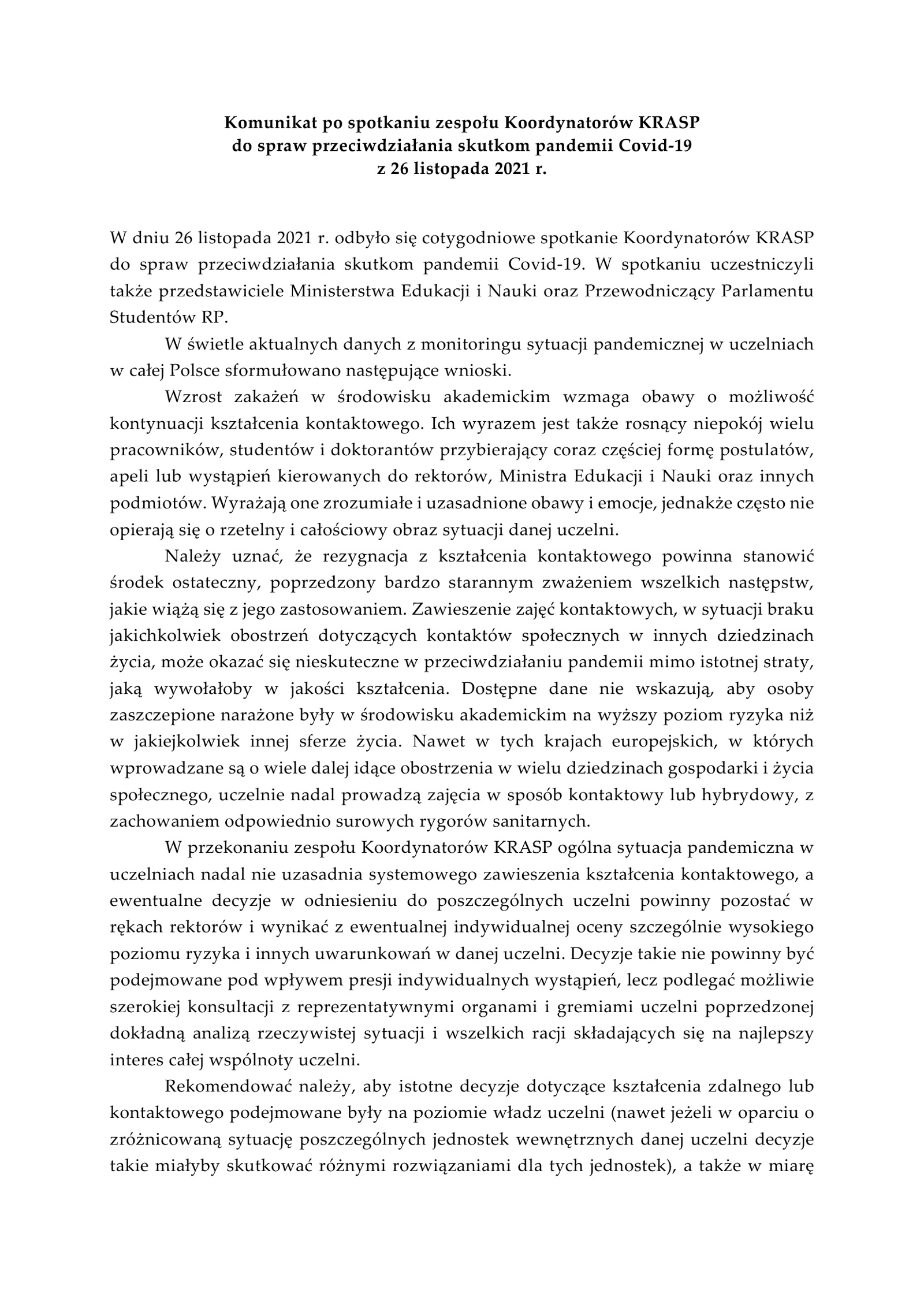Komunikat po spotkaniu zespołu Koordynatorów KRASP do spraw przeciwdziałania skutkom pandemii Covid-19 z 26 listopada 2021 r.