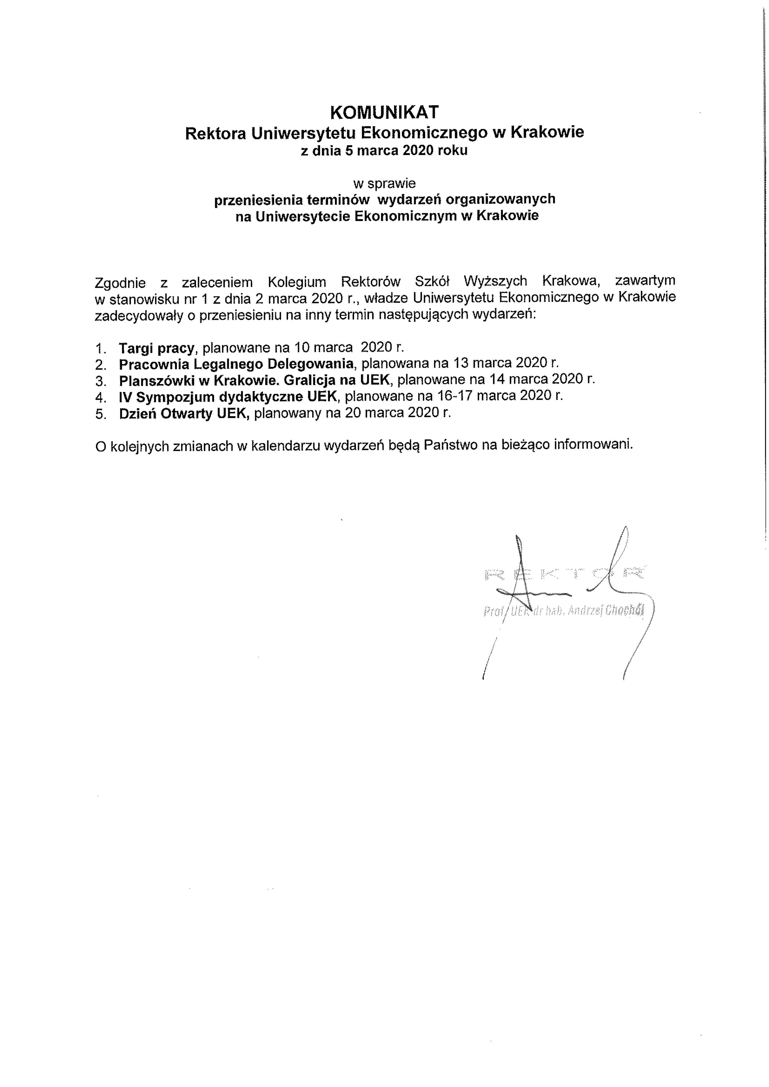 Komunikat JM Rektora UEK