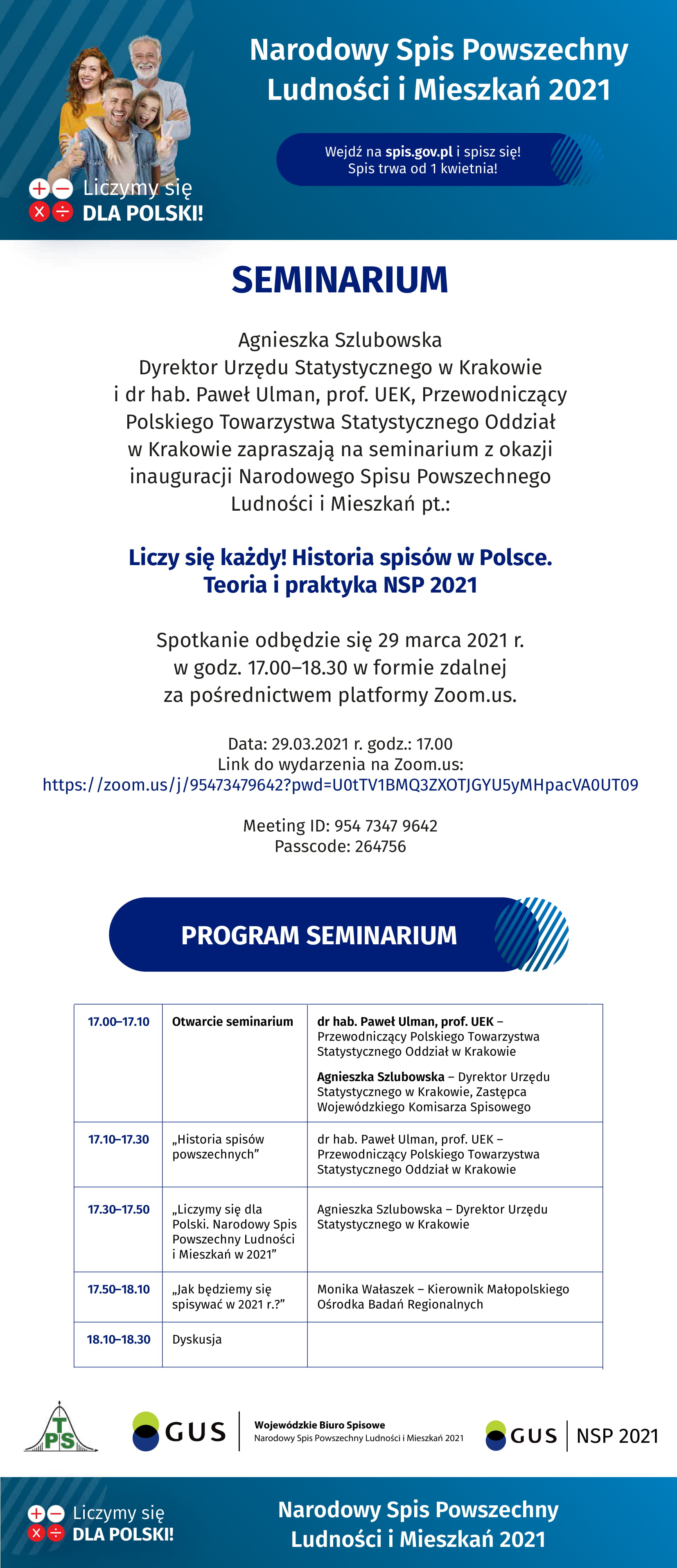 Plakat seminarium pt.: Liczy się każdy! Historia spisów w Polsce. Teoria i praktyka NSP 2021.