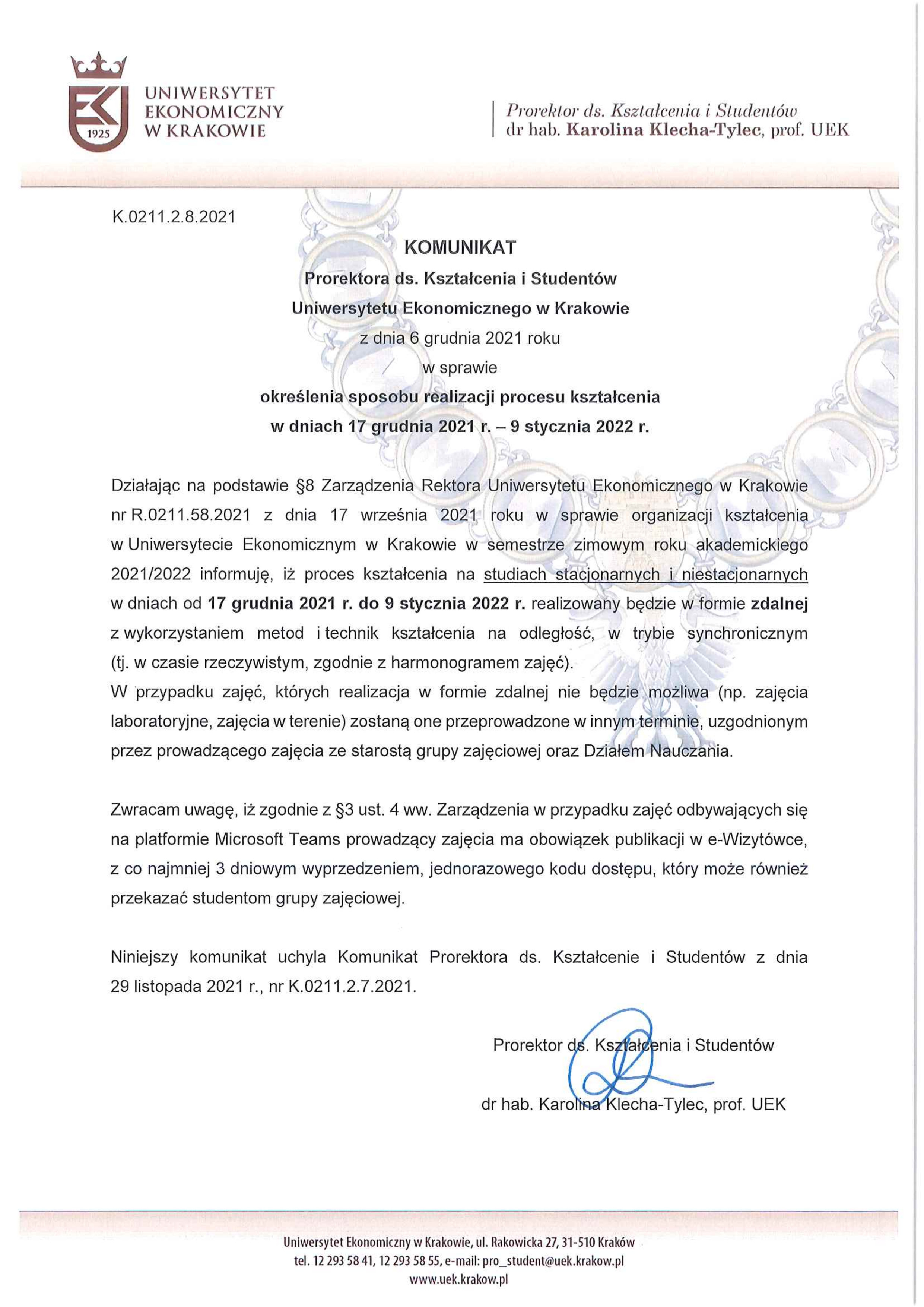 Komunikat Prorektora ds. Kształcenia i Studentów w sprawie trybu prowadzenia zajęć