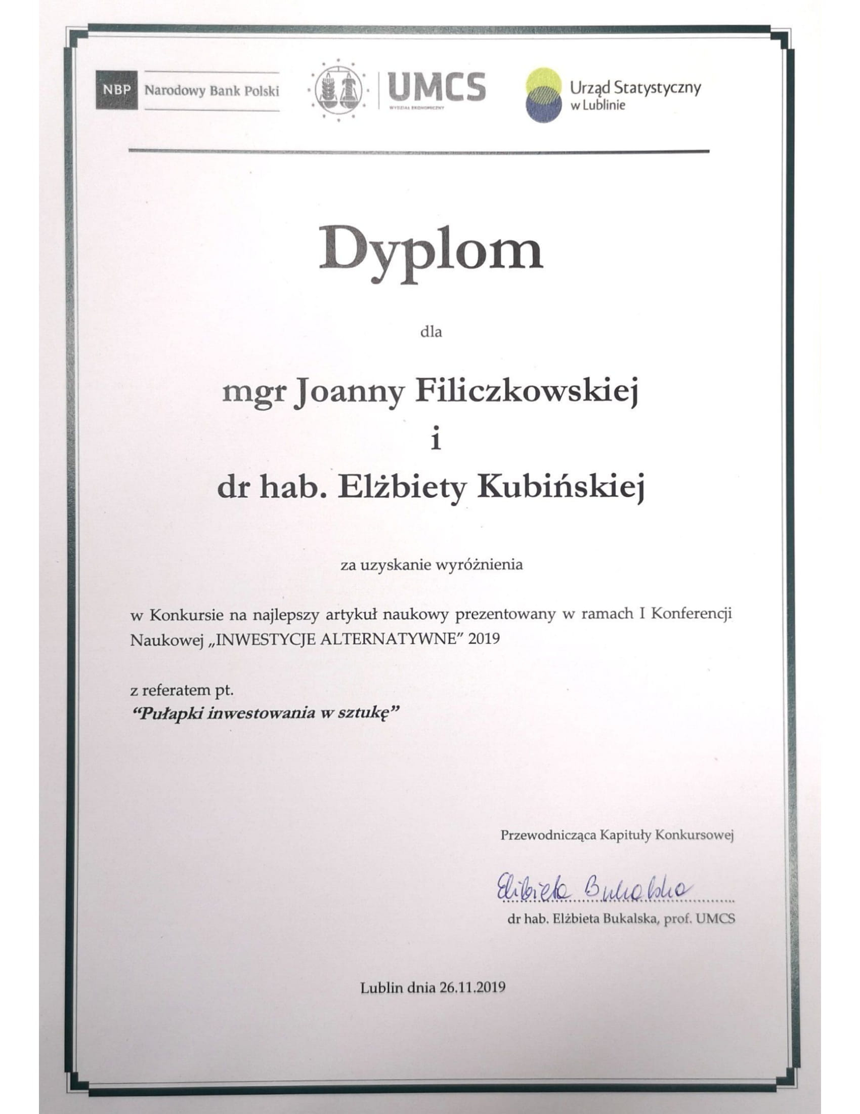 Dyplom za uzyskanie wyróżnienia w Konkursie na najlepszy artykuł naukowy w ramach konferencji