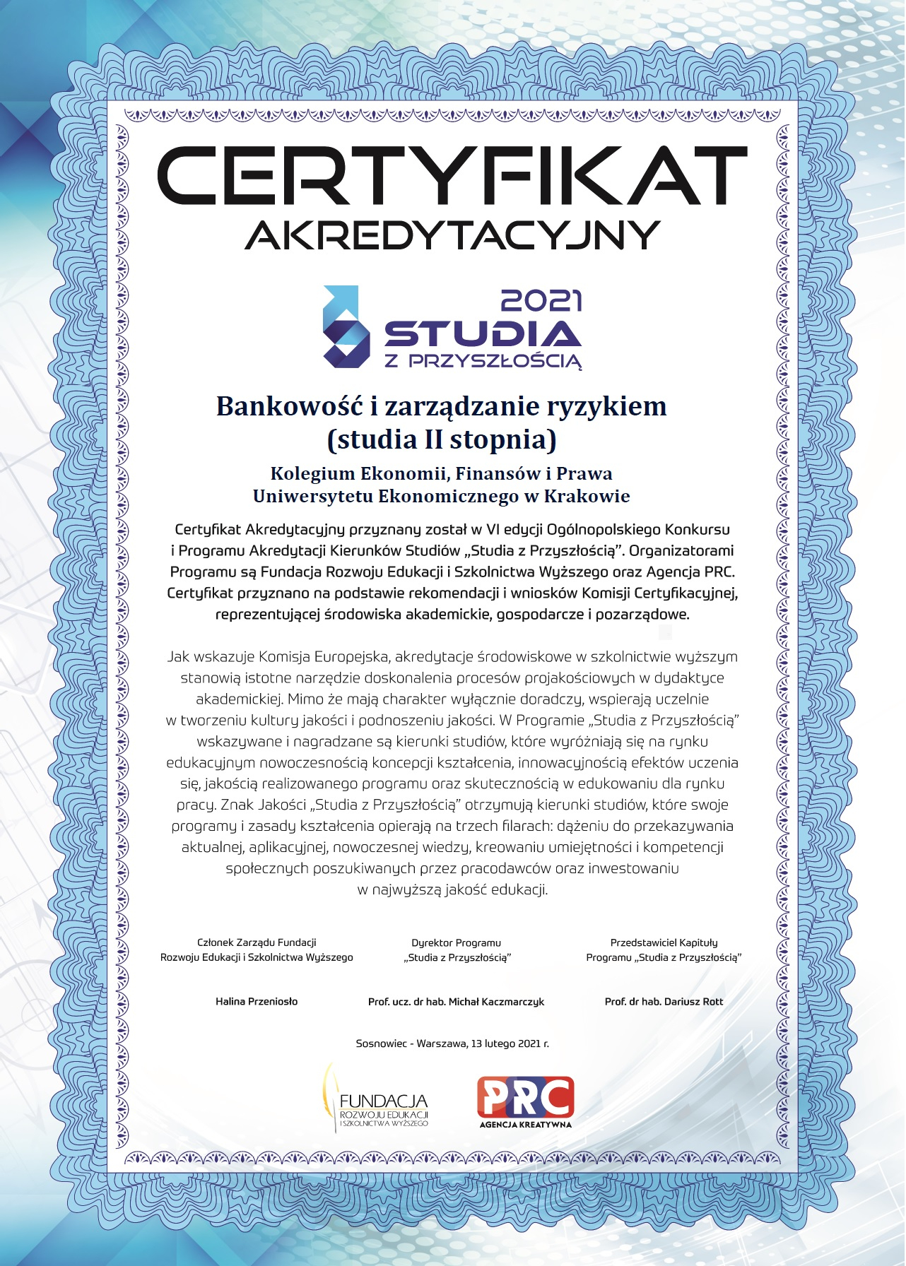 Certyfikat akredytacyjny dla kierunku Bankowość i zarządzanie ryzykiem (studia II stopnia)