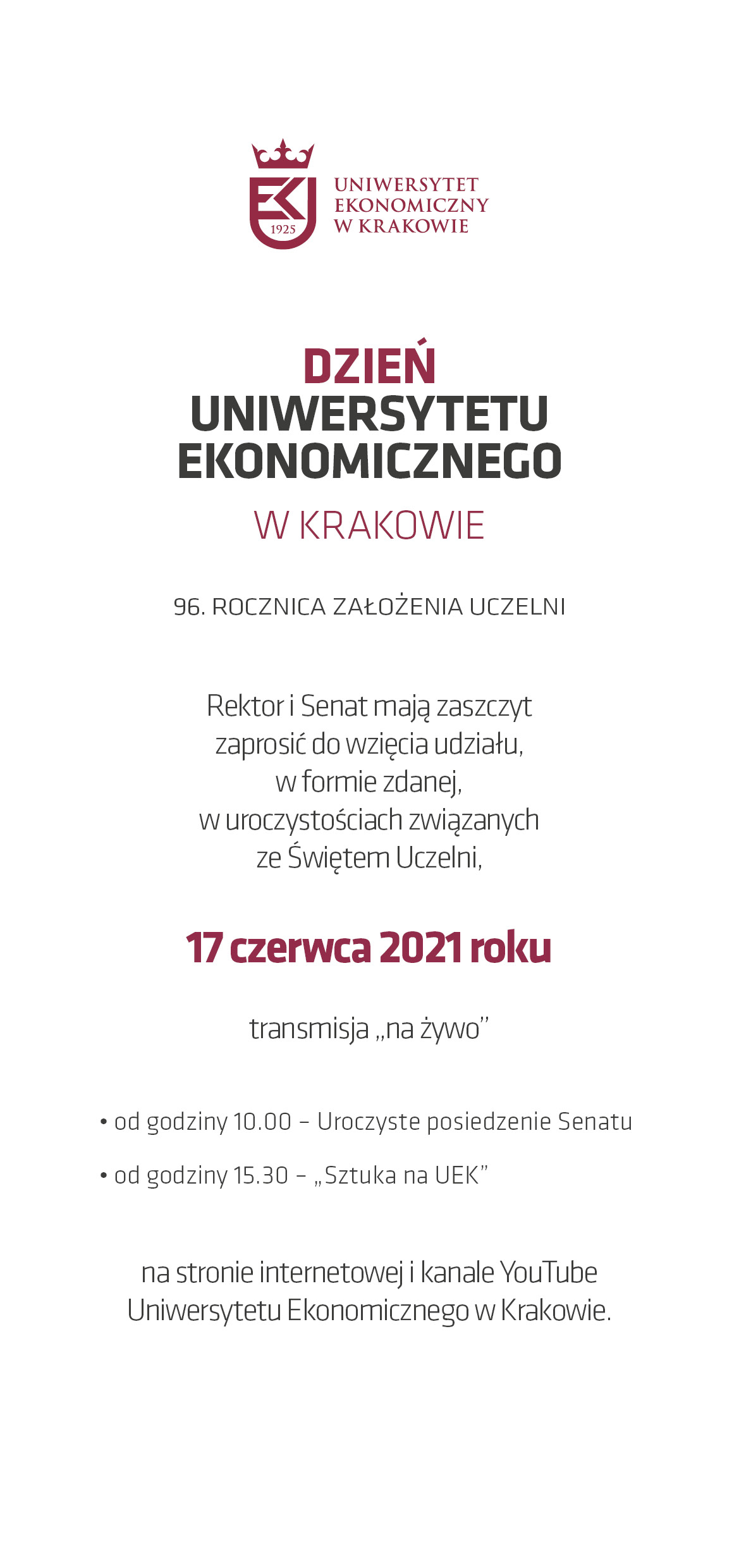 Zaproszenie do udziału w uroczystych obchodach Święta Uniwersytetu Ekonomicznego w Krakowie